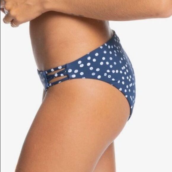 Roxy Printed Beach Classics Blue Indigo Polka Dot Side Strap Bikini Bottoms Size - Picture 2 of 7